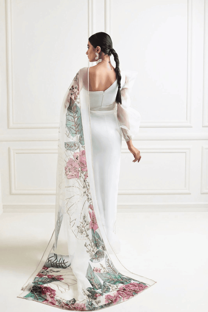 Floral Fantasy | Ready-to-Wear White Organza Saree - Glamwiz India