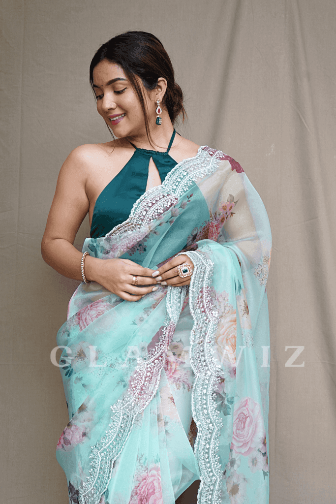 Floral Finesse | Ready-to-Wear Floral Organza Saree - Glamwiz India