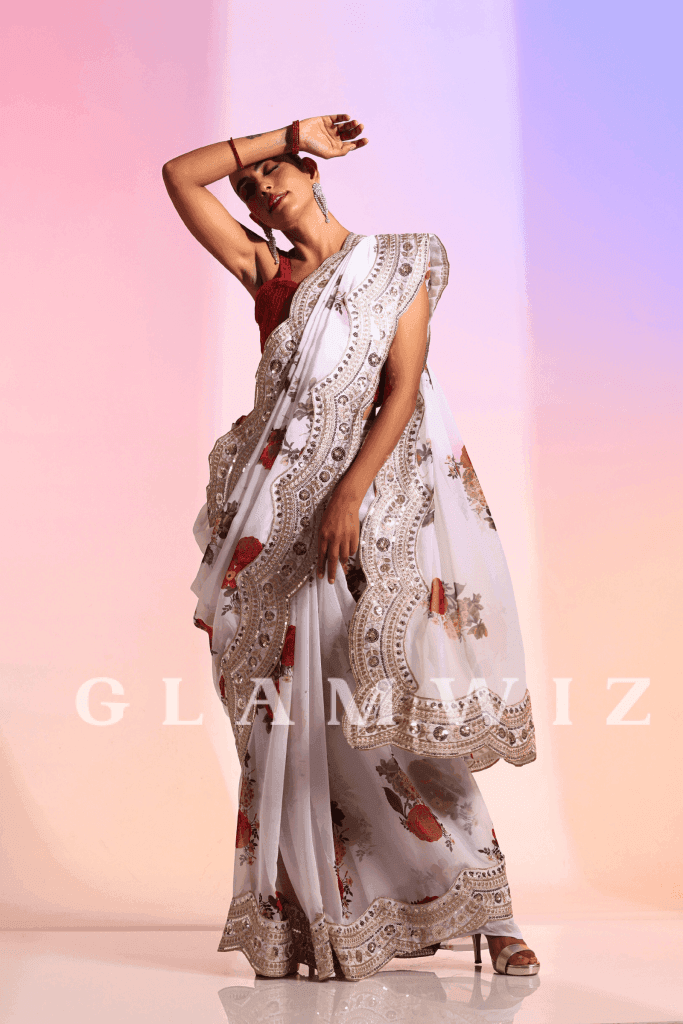 White & Pink Floral Printed Satin Silk Saree – Maharani