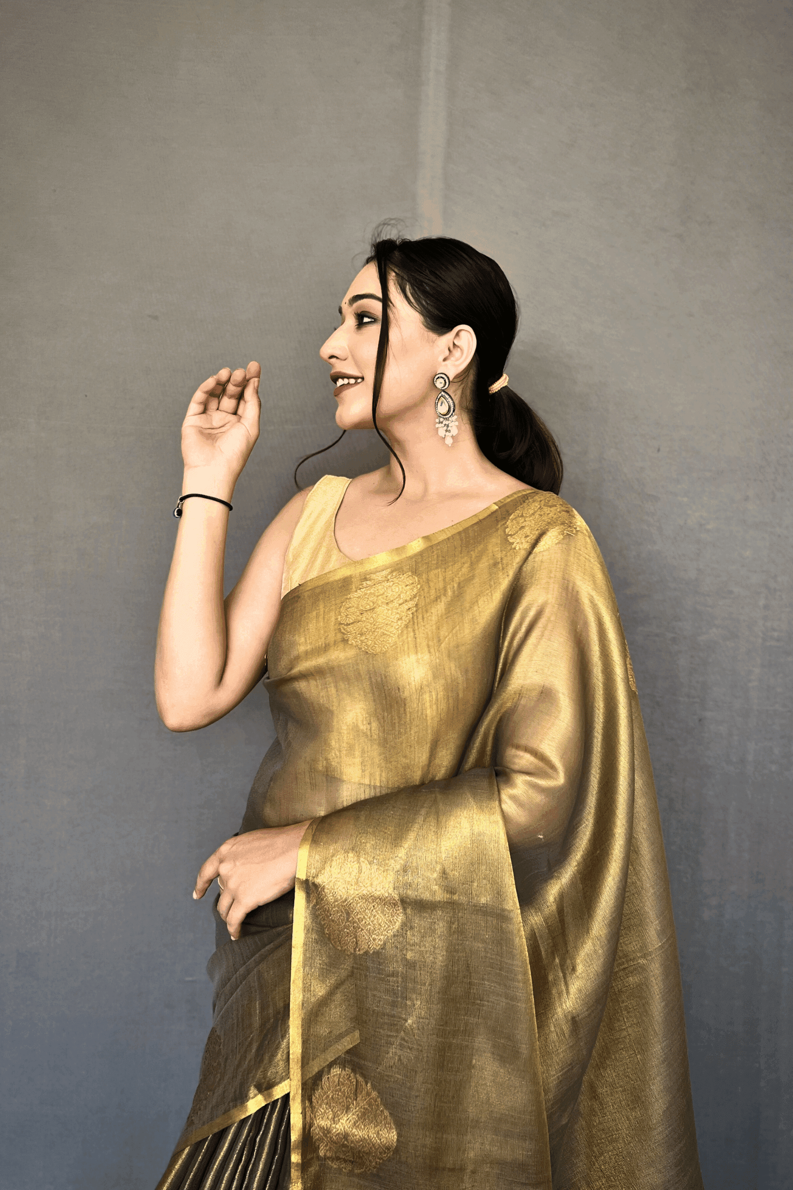 Golden ready to wear saree discount