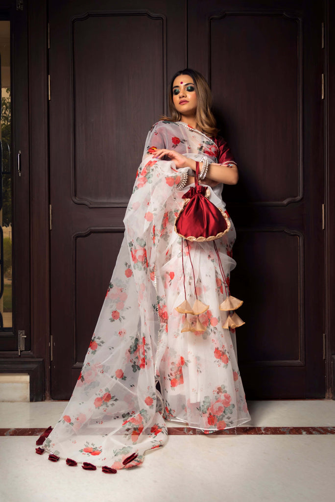 RED AND WHITE ORGANZA SAREE - Pomcha Jaipur