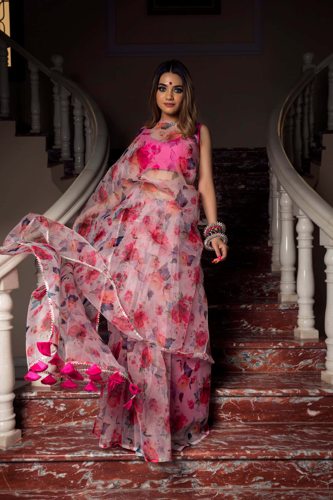 PINK LOTUS ORGANZA SAREE - Pomcha Jaipur