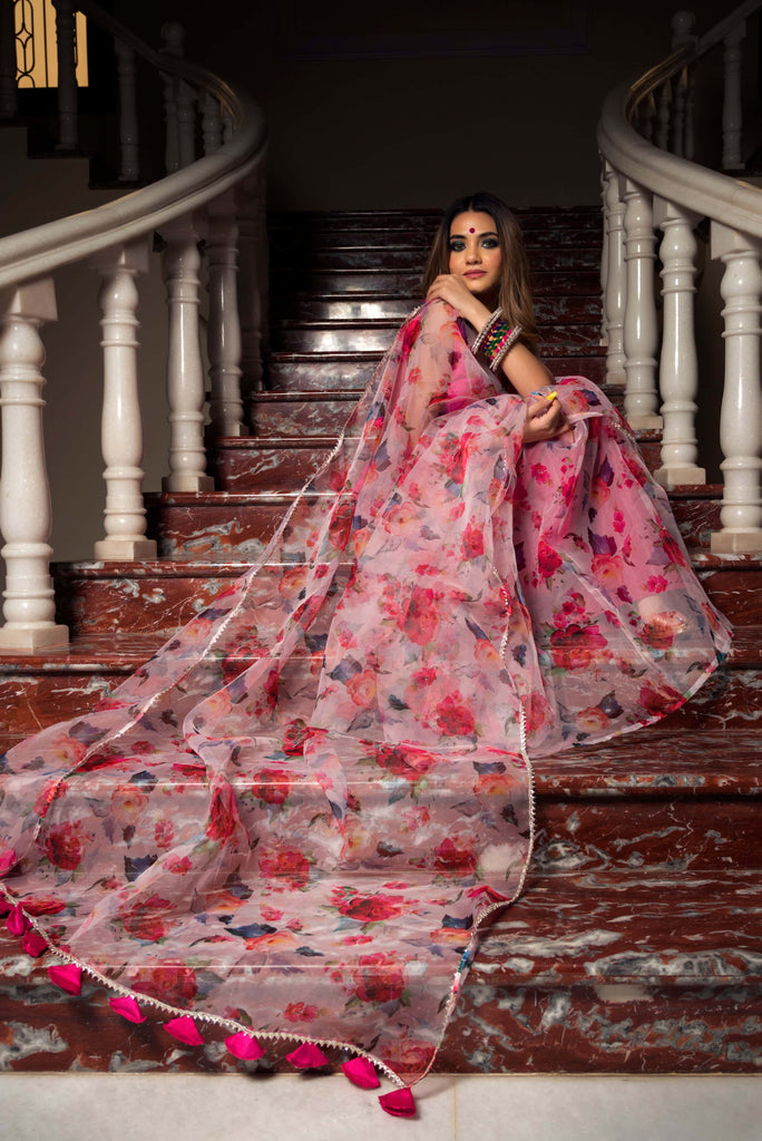 PINK LOTUS ORGANZA SAREE - Pomcha Jaipur