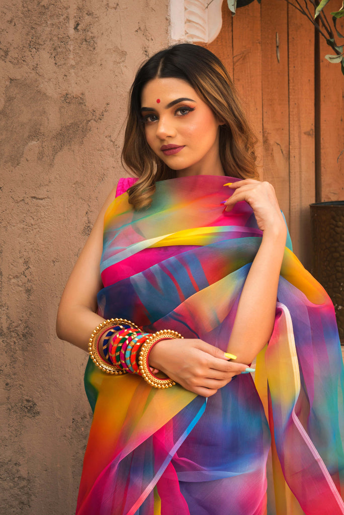 Rainbow organza printed saree - Pomcha Jaipur