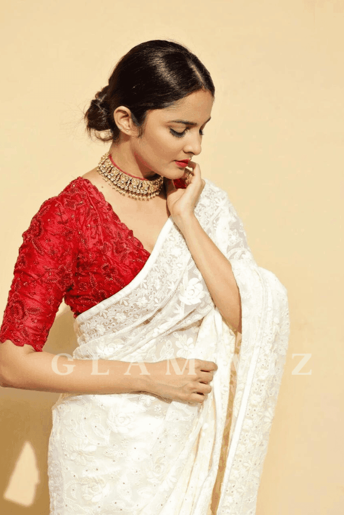 Ivory Georgette Ready to Wear White Saree - Glamwiz India