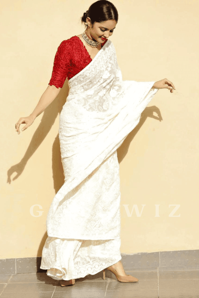 Ivory Georgette Ready to Wear White Saree - Glamwiz India