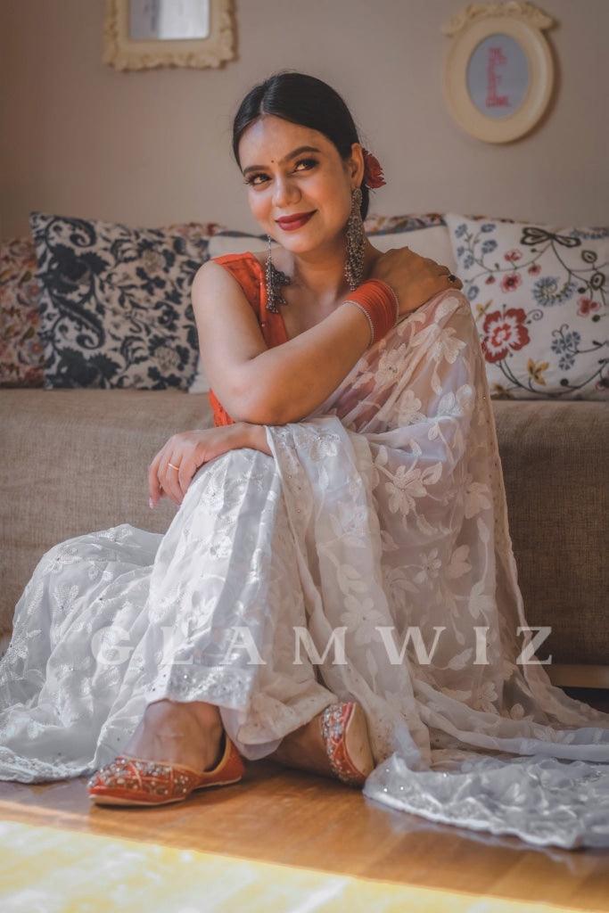 Ivory Georgette Ready To Wear White Saree 1-Minute
