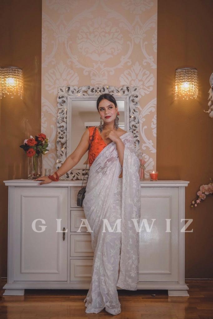 Ivory Georgette Ready to Wear White Saree – Glamwiz India
