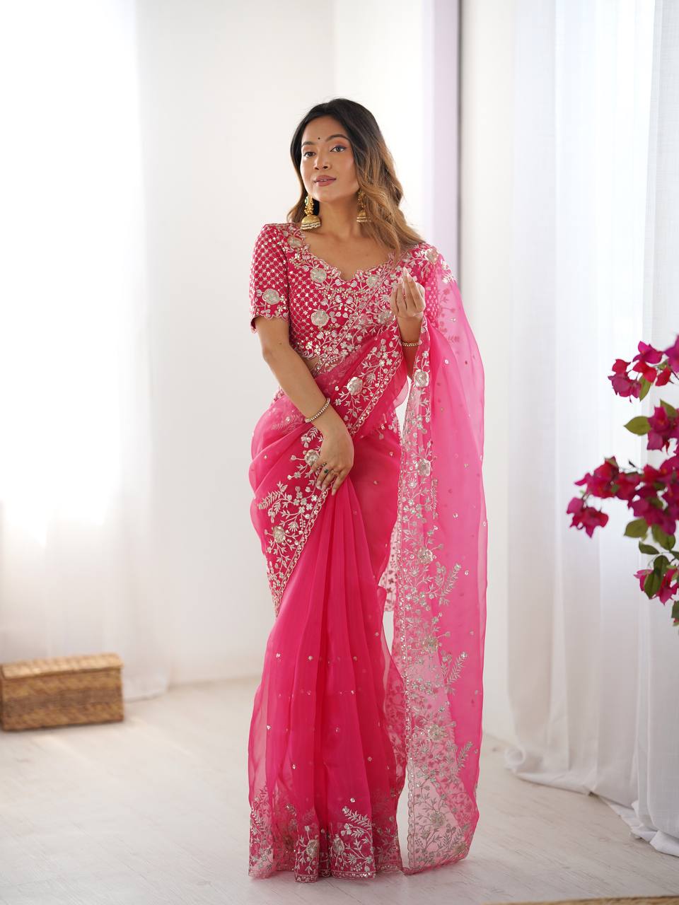 Hot Pink Embroidered Organza Ready to Wear Saree - Festive | Glamwiz India