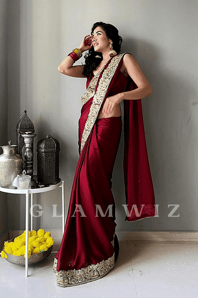 Pre-Stitched Satin Embellished Maroon Saree - Glamwiz India
