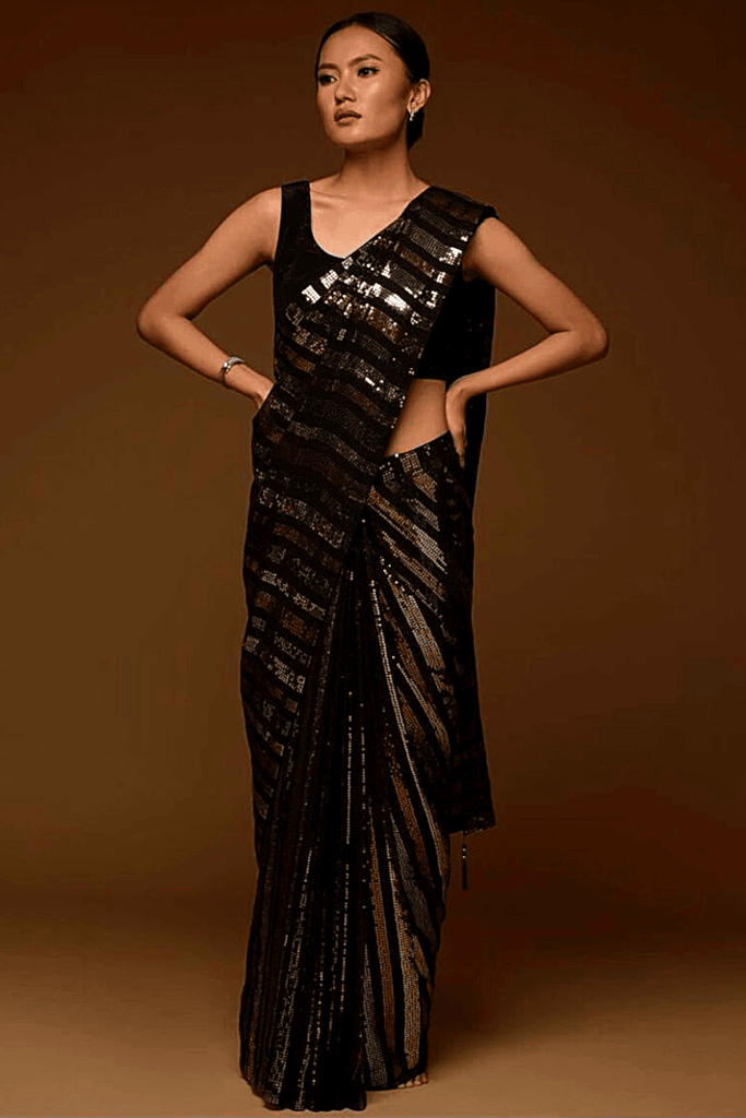 Pre-Stitched Striped Sequins Black Saree - Glamwiz India