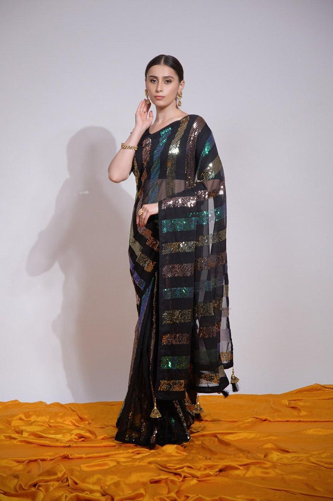 Rainbow Sparkle | Ready to Wear Striped Sequins Saree - Glamwiz India