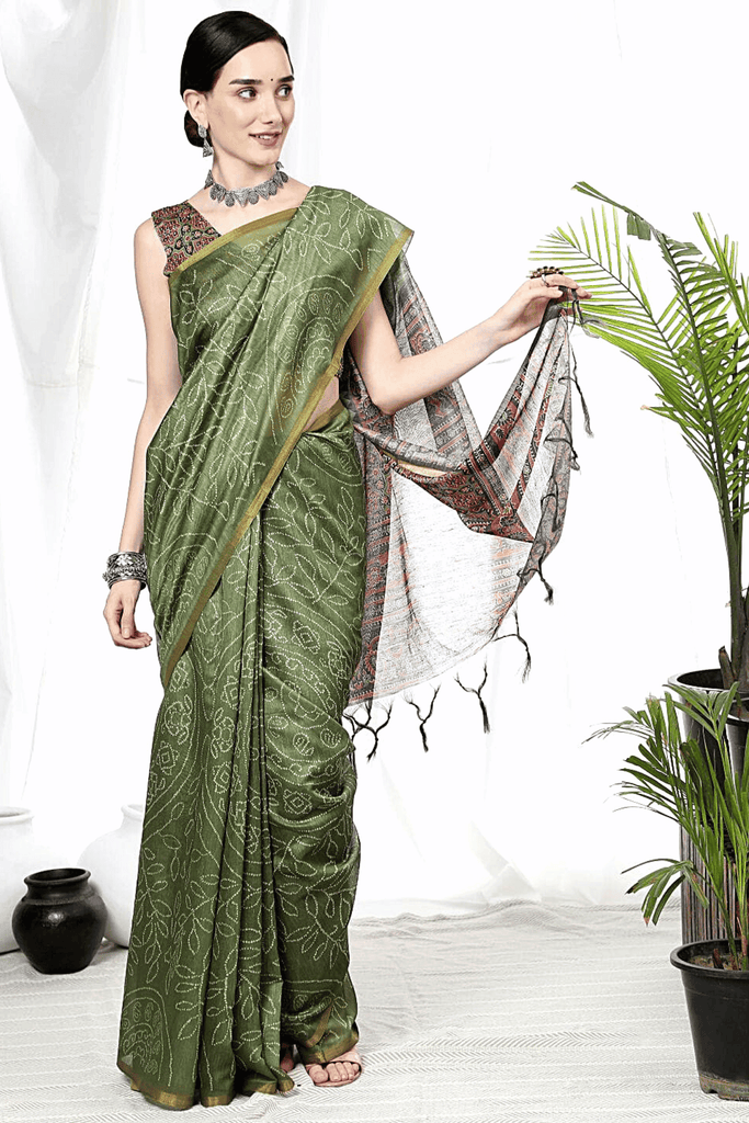 Bandhej Printed Linen Cotton Saree - Glamwiz India