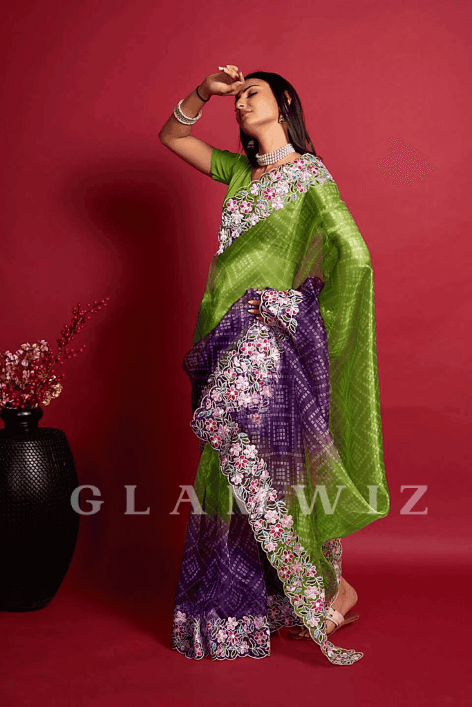 Ready to Wear Dual Tone Bandhej Printed Organza Saree - Glamwiz India