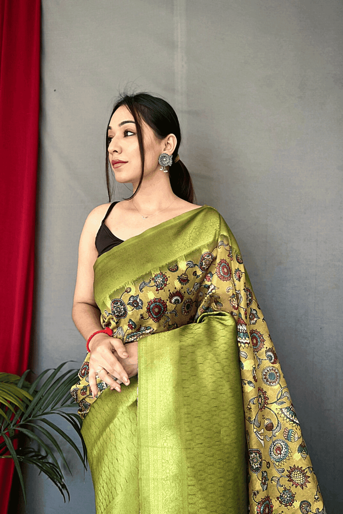 Ready-to-Wear Kalamkari Printed Kora Silk Saree - Glamwiz India