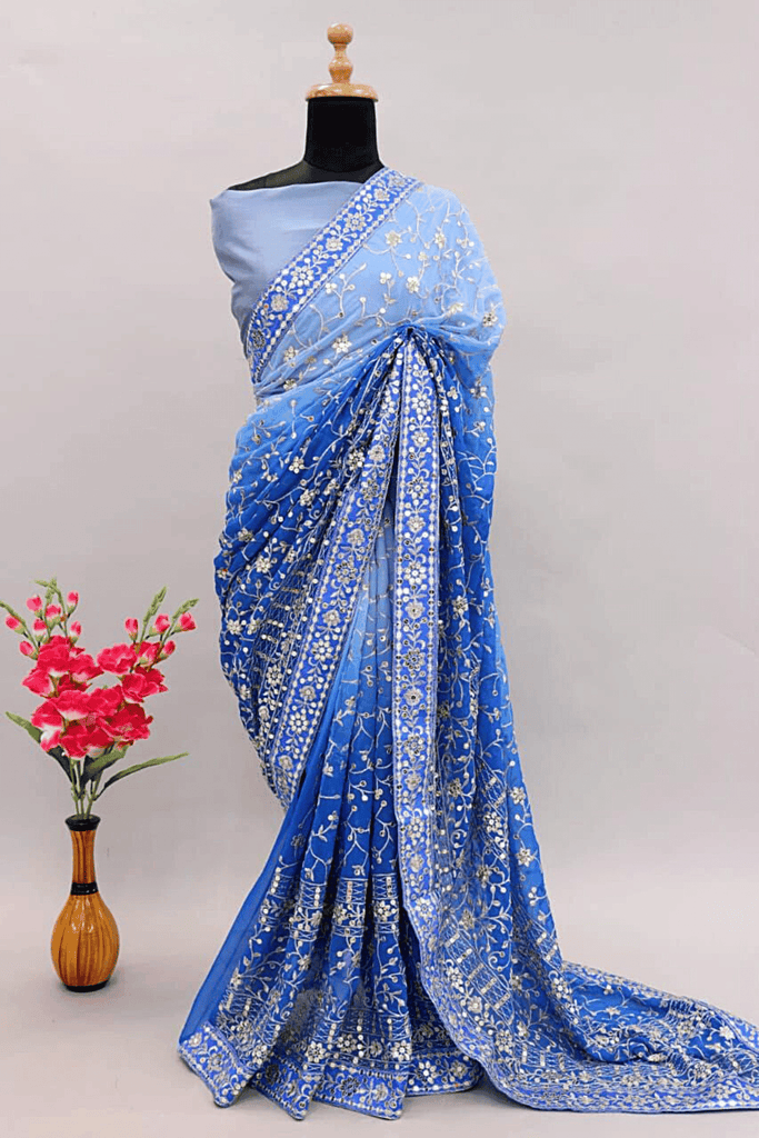 Ready-to-Wear Powder Blue Shaded Georgette Saree - Glamwiz India