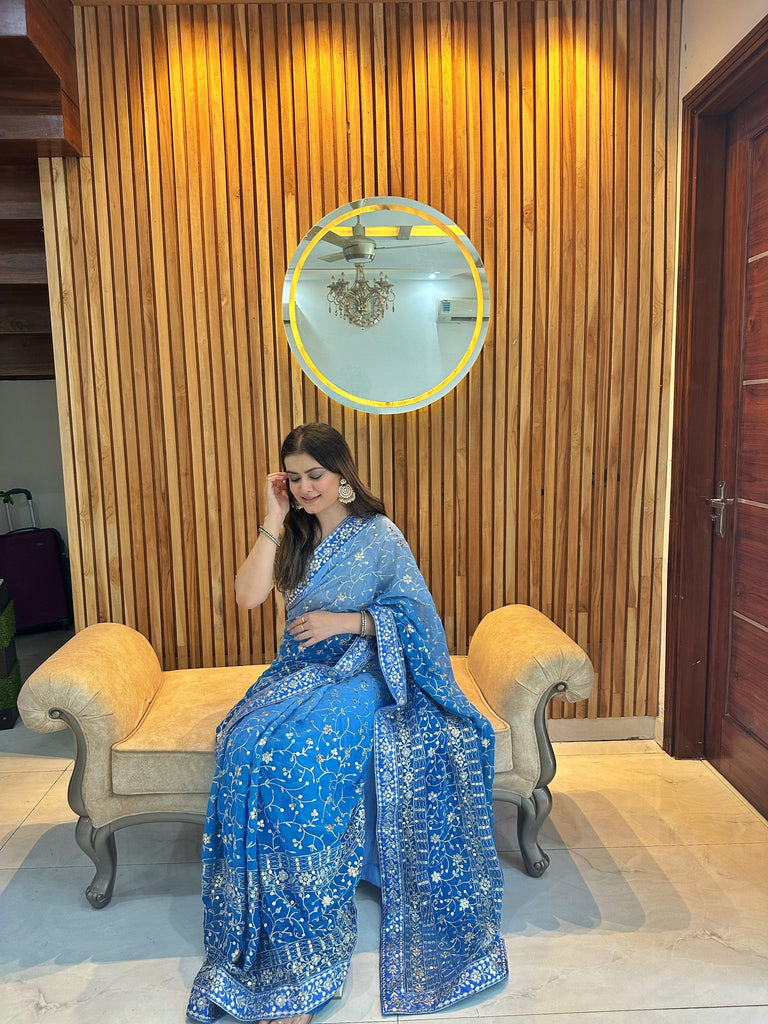 Ready-to-Wear Powder Blue Shaded Georgette Saree - Glamwiz India