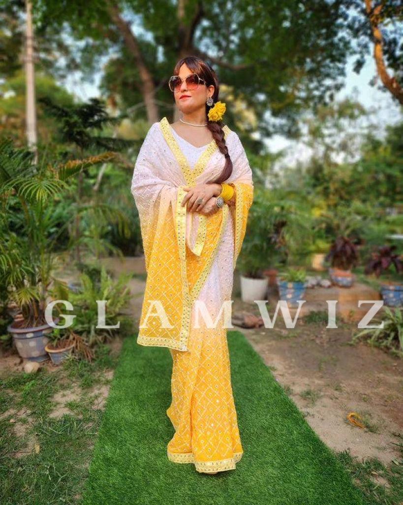 Ready-to-Wear Yellow Ombre Soft Georgette Saree - Glamwiz India
