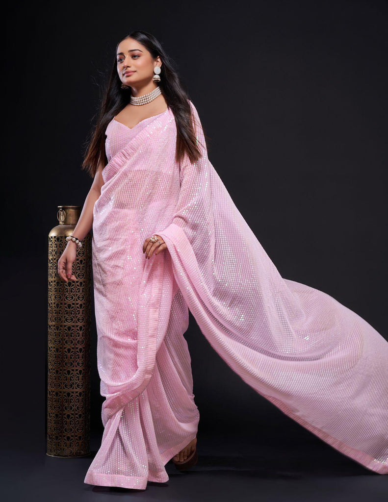 Rosé Shimmer | 1-Minute Pink Sequins Saree - Glamwiz India