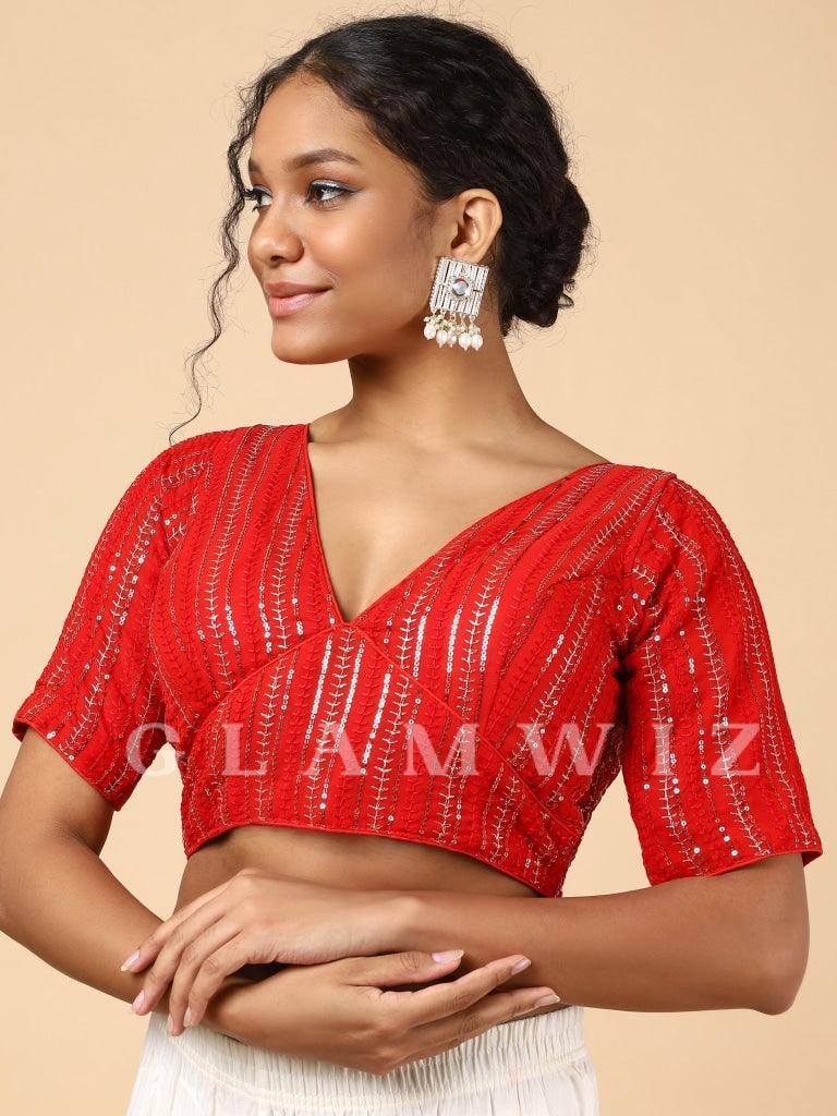 Scarlet Red Sequins Blouse Embroidered Blouse