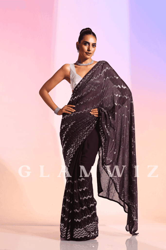 Silver Lining Starlight | Ready To Wear Violet Sequins Saree 1-Minute Sequin