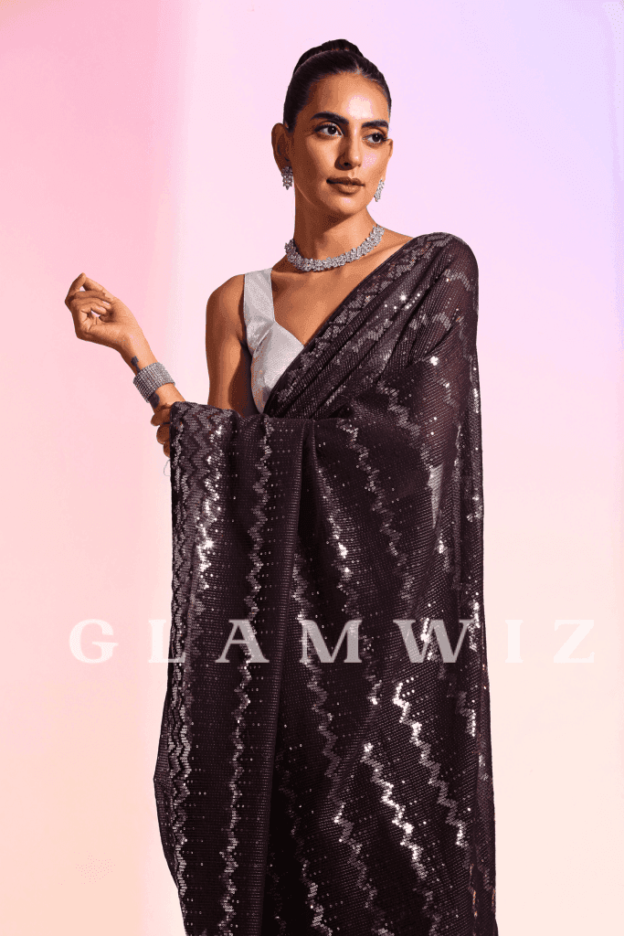 Silver Lining Starlight | Ready To Wear Violet Sequins Saree Wine 1-Minute Sequin