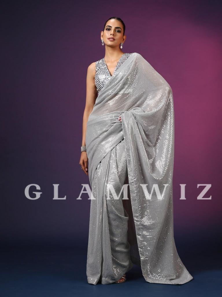 Silver Sparkle | Ready-to-Wear Sequins Saree - Glamwiz India