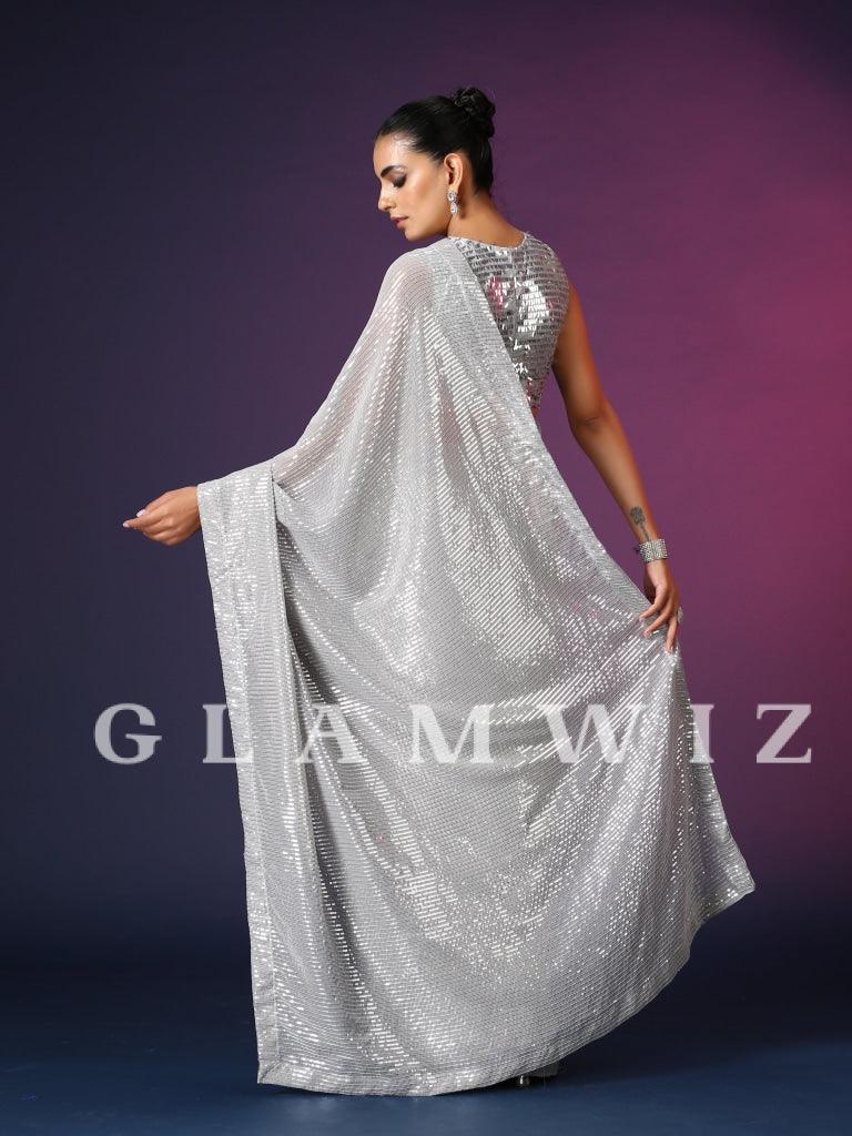 Silver Sparkle | Ready-to-Wear Sequins Saree - Glamwiz India