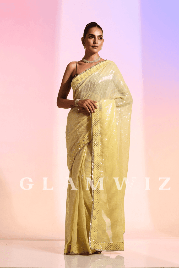 Spot-On Lime Saree | Ready To Wear Yellow Sequins 1-Minute Sequin
