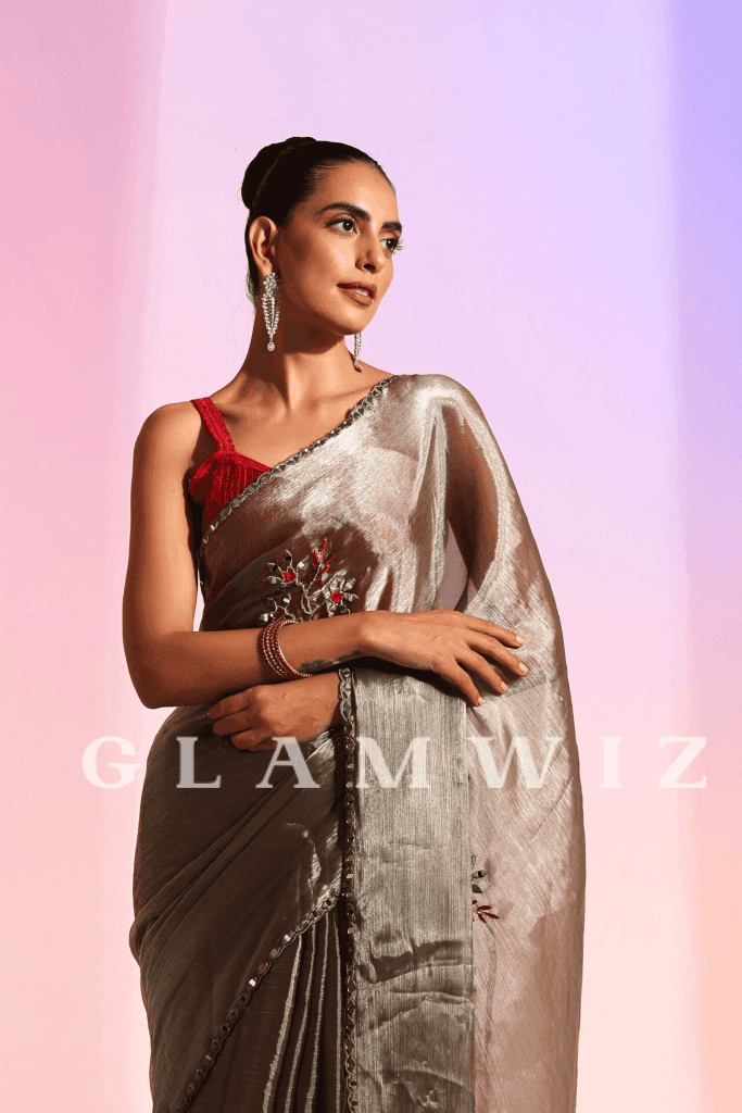 Starlight Olive | Ready To Wear Stitched Organza Tissue Saree Green 1-Minute