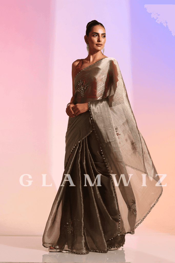 Starlight Olive | Ready To Wear Stitched Organza Tissue Saree 1-Minute