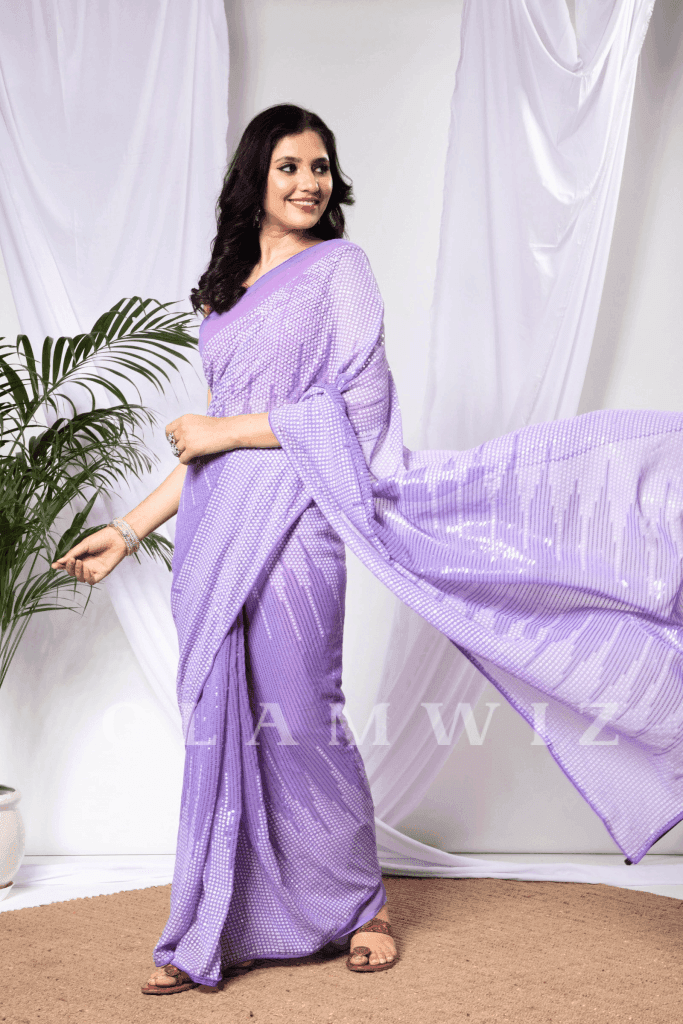 Starry Lilac Saree | 1-Minute Sequins Lavender Saree - Glamwiz India