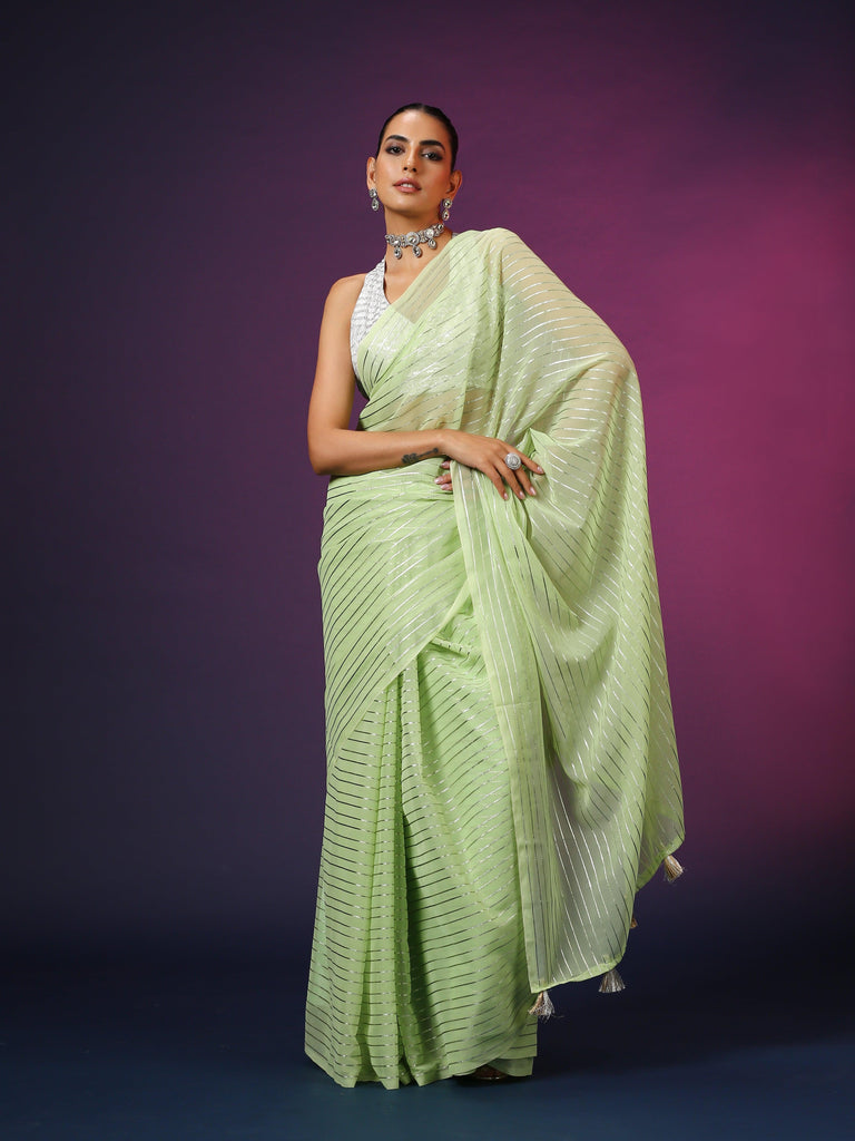 Tea Green | Ready-to-Wear Chiffon Saree - Glamwiz India