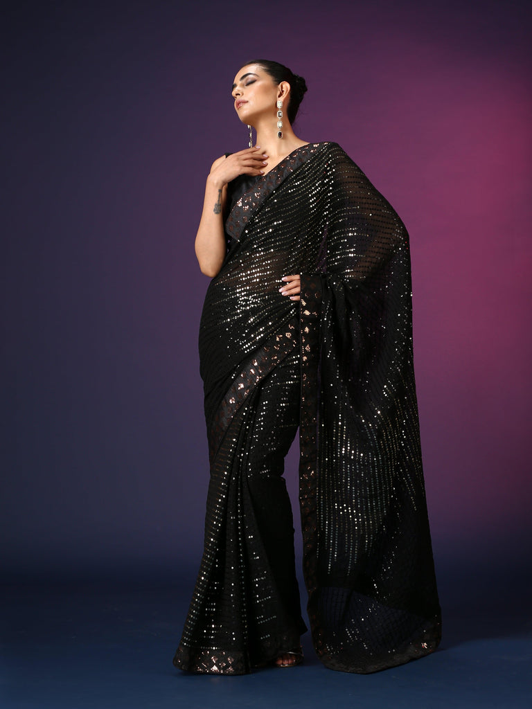 The Black Badass | Ready-to-Wear Sequin Saree - Glamwiz India
