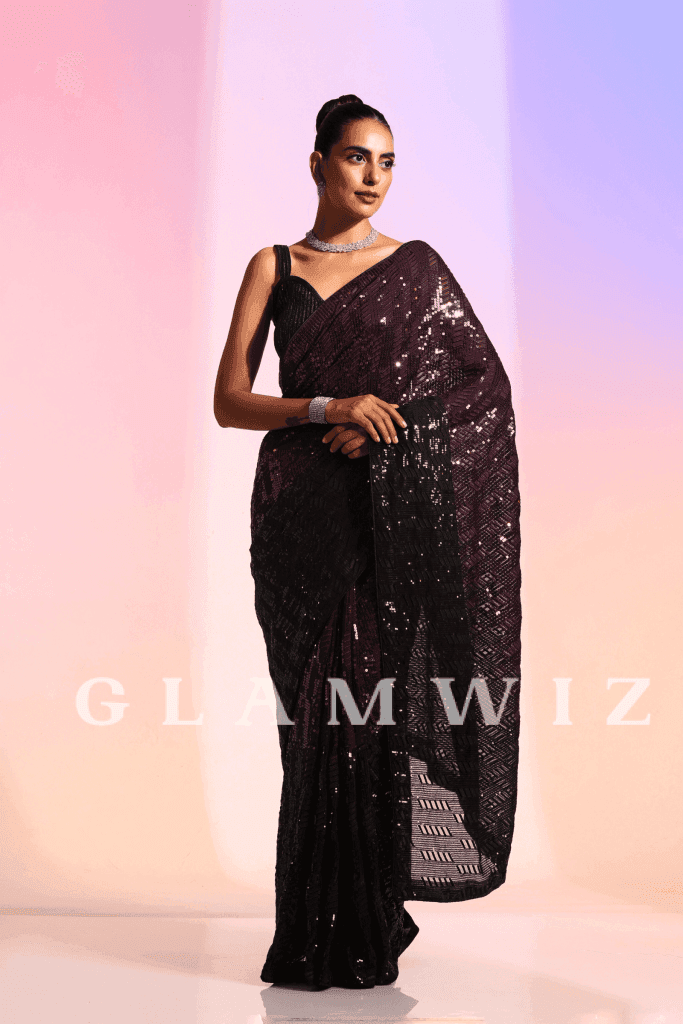 Wine N Dine  Ready to Wear Black Sequins Saree – Glamwiz India